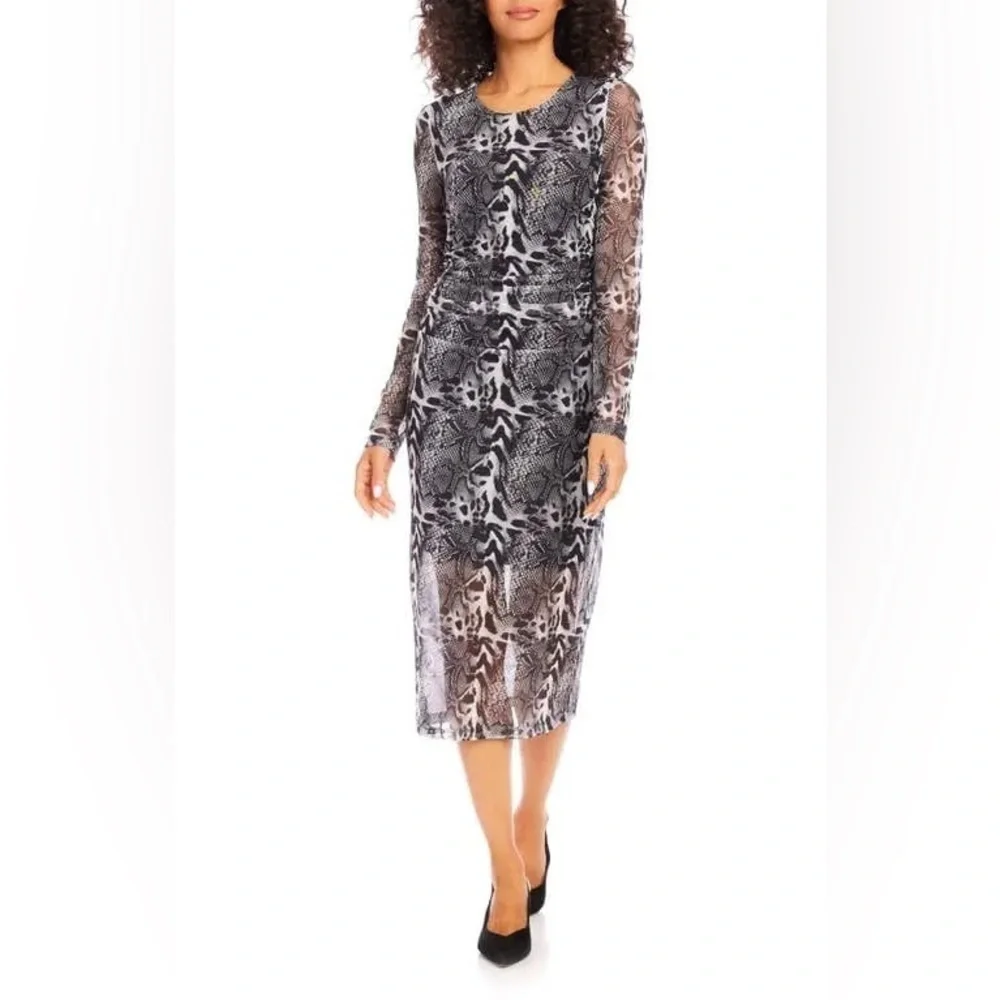 KAREN KANE Animal Cheetah Leopard Snake  Print Long Sleeve Mesh Midi Dress NWT